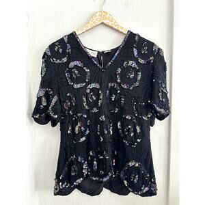 Laurence Kazar Women's Vintage Black Silk Beaded Blouse | Size Large